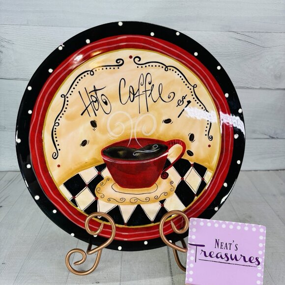 Certified International Lori Simms COFFEE CAFE Red Black Dots Words Cake Plate